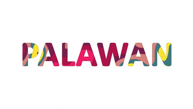 Multi-colored inscription Island name PALAWAN with colored spots floating inside. Looped from frame 120 to 839, Alpha BW at the end