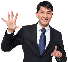 Smiling businessman holding and pointing
