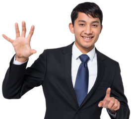 Smiling businessman holding and pointing