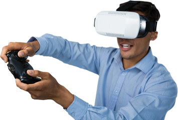 Creative young businessman wearing VR glasses while video game