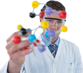Portrait of scientist holding molecule structure