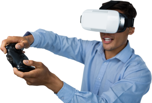 Creative young businessman wearing VR glasses while video game