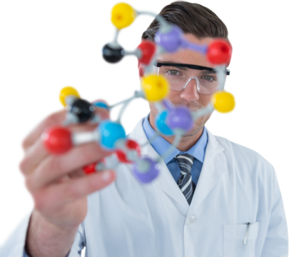 Portrait of scientist holding molecule structure