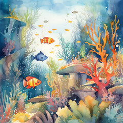 Fototapeta na wymiar Underwater Scenes: A beautiful watercolor illustration of a coral reef, filled with colorful fish and sea creatures, capturing the vibrancy of life under the sea. Generative AI.