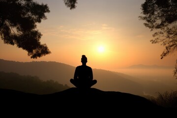 silhouette of a person meditating in nature to capture the sense of calmness and serenity associated with yoga meditation  