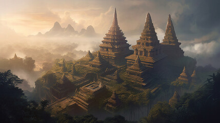 ancient tample with forest landscape, generated AI technology