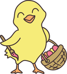 Easter Day Chicken with Egg Basket Hand Drawn Flat Illustration