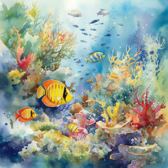 Obraz na płótnie Canvas Underwater Scenes: A beautiful watercolor illustration of a coral reef, filled with colorful fish and sea creatures, capturing the vibrancy of life under the sea. Generative AI.