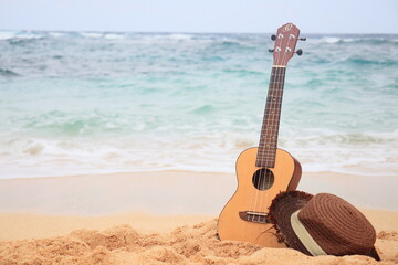 海辺に置かれたウクレレと帽子