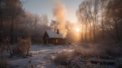 In the middle of the jungle covered with snow lies a small wooden cabin, the only sign of human activity in the area. Smoke rises from the chimney as the occupants inside try to keep warm.