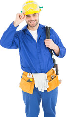 Happy repairman wearing yellow hardhat