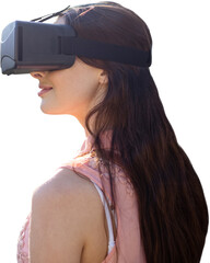 Side view of young woman looking through virtual reality simulator