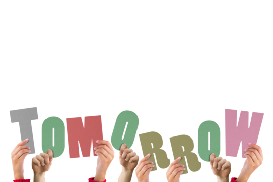 Cropped hands holding colorful alphabets forming tomorrow - Powered by Adobe