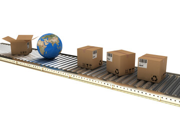 Cardboard boxes and globe on conveyor belt