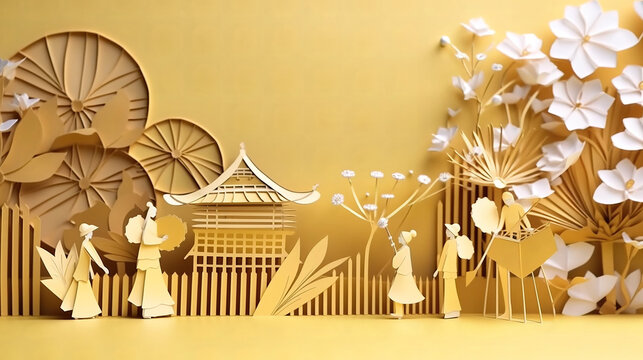 Golden week celebration, papercut art, generated AI Technology