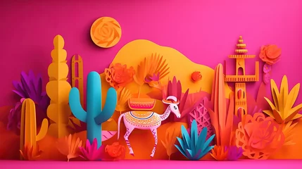 Wall murals Candy pink Cinco de Mayo Illustration, papercut art, generated AI technology