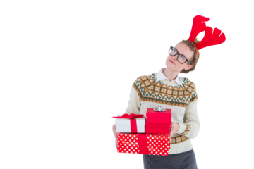 Thoughtful geeky hipster holding presents 