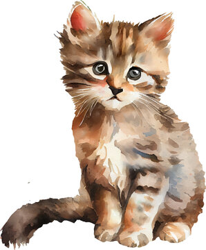 Cute Brown Gray Cat Watercolor. Generative AI