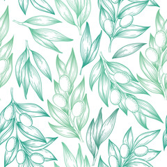 Seamless vector pattern with green hand drawn jojoba branches and leaves isolated on white background. Botanical design for print, card, textile, beauty and cosmetic products packaging