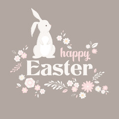 Vector illustration with Happy Easter lettering, cute bunny, flowers, leaves and floral elements isolated on pastel background. Design for greeting card, invitation, print