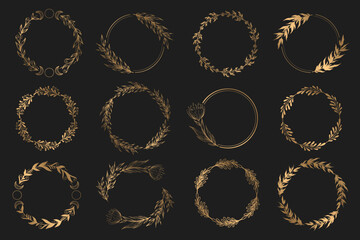 Vector round wreaths collection with gold hand drawn flowers, leaves and branches isolated on black background. Floral design templates for logotype, wedding invitation, card, brochure