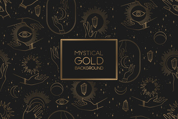 Vector seamless mystical pattern with gold abstract hands, sun, moon and stars isolated on black background. Mysterious Illustration for print, fabric, invitation, brochure, card, wallpaper
