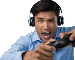 Young businessman playing video game