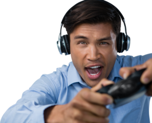 Young businessman playing video game