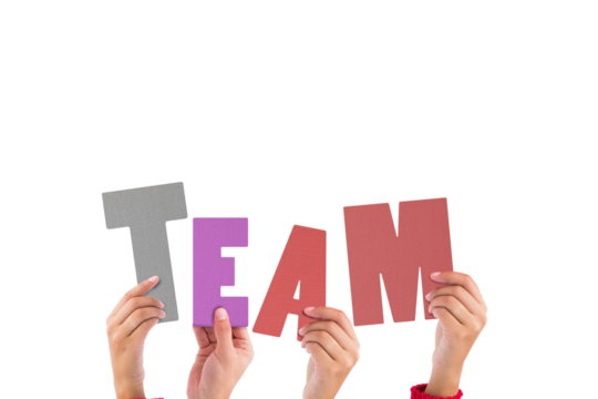 Colorful alphabet spelling team held up by people  - Powered by Adobe