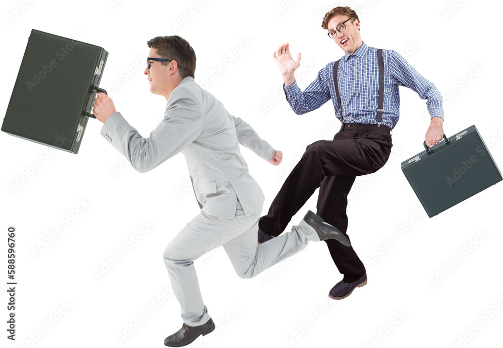 Poster Businessmen holding briefcases running on white background