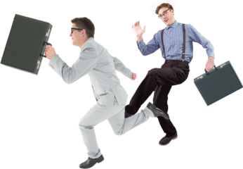 Businessmen holding briefcases running on white background