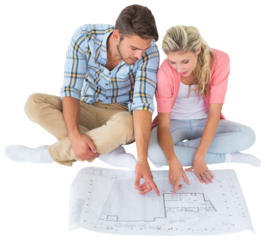 Attractive young couple sitting looking at blue