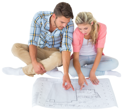 Attractive young couple sitting looking at blue