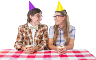 Geeky hipsters celebrating birthday 
