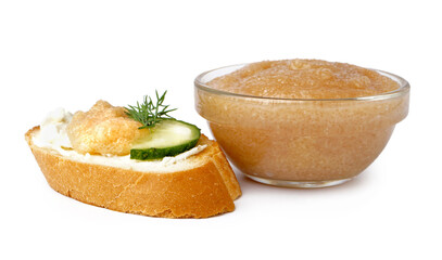 Delicious canape and bowl with caviar of capelin isolated on white background