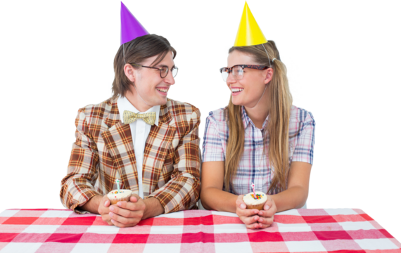 Geeky hipsters celebrating birthday 
