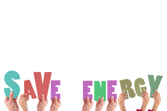 Hands holding colorful words save energy  - Powered by Adobe