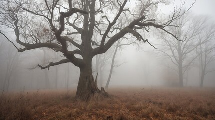 The landscape is shrouded in a thick blanket of fog, the visibility reduced to mere feet. In the center of the scene stands a solitary dead maple tree, its branches stark against the misty backdrop.