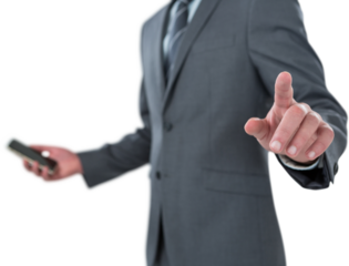Midsection of businessman using futuristic digital screen