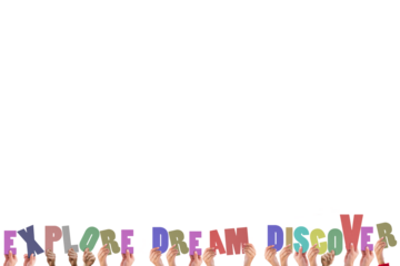 Cropped hands holding colorful words explore dream discover 