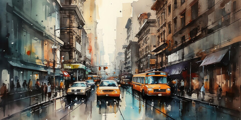 Fototapeta na wymiar Cityscapes: A dynamic watercolor illustration of a busy city street, capturing the energy and movement of city life, with bright colors and bold brushstrokes. Generative AI.