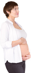 Thoughtful pregnant woman holding stomach