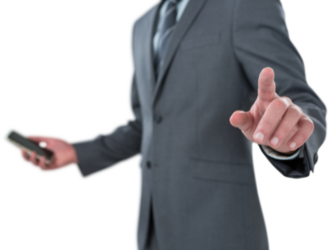 Midsection of businessman using futuristic digital screen