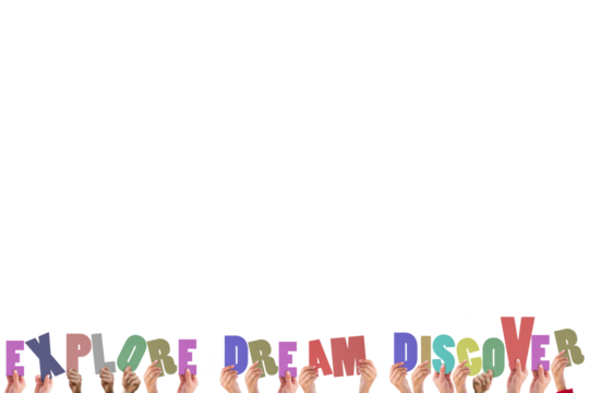 Cropped hands holding colorful words explore dream discover 