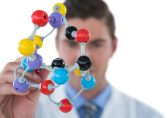 Scientist holding multi colored molecule structure