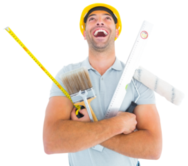 Laughing manual worker holding various tools