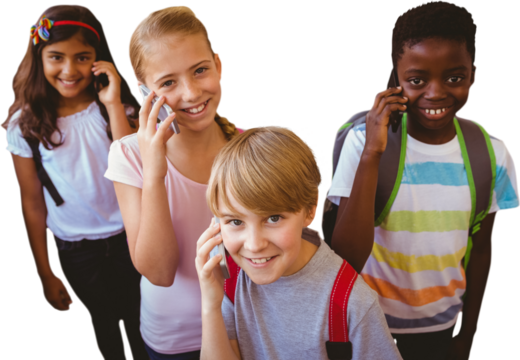 School kids using cellphones in school corridor