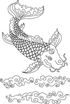 Beautiful line art Koi carp tattoo design ,colorful koi fish and flower. Idea for tattoo and coloring books.