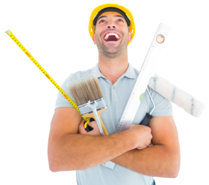 Laughing manual worker holding various tools