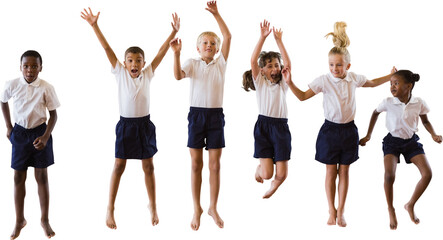 Full length of students in school uniforms jumping